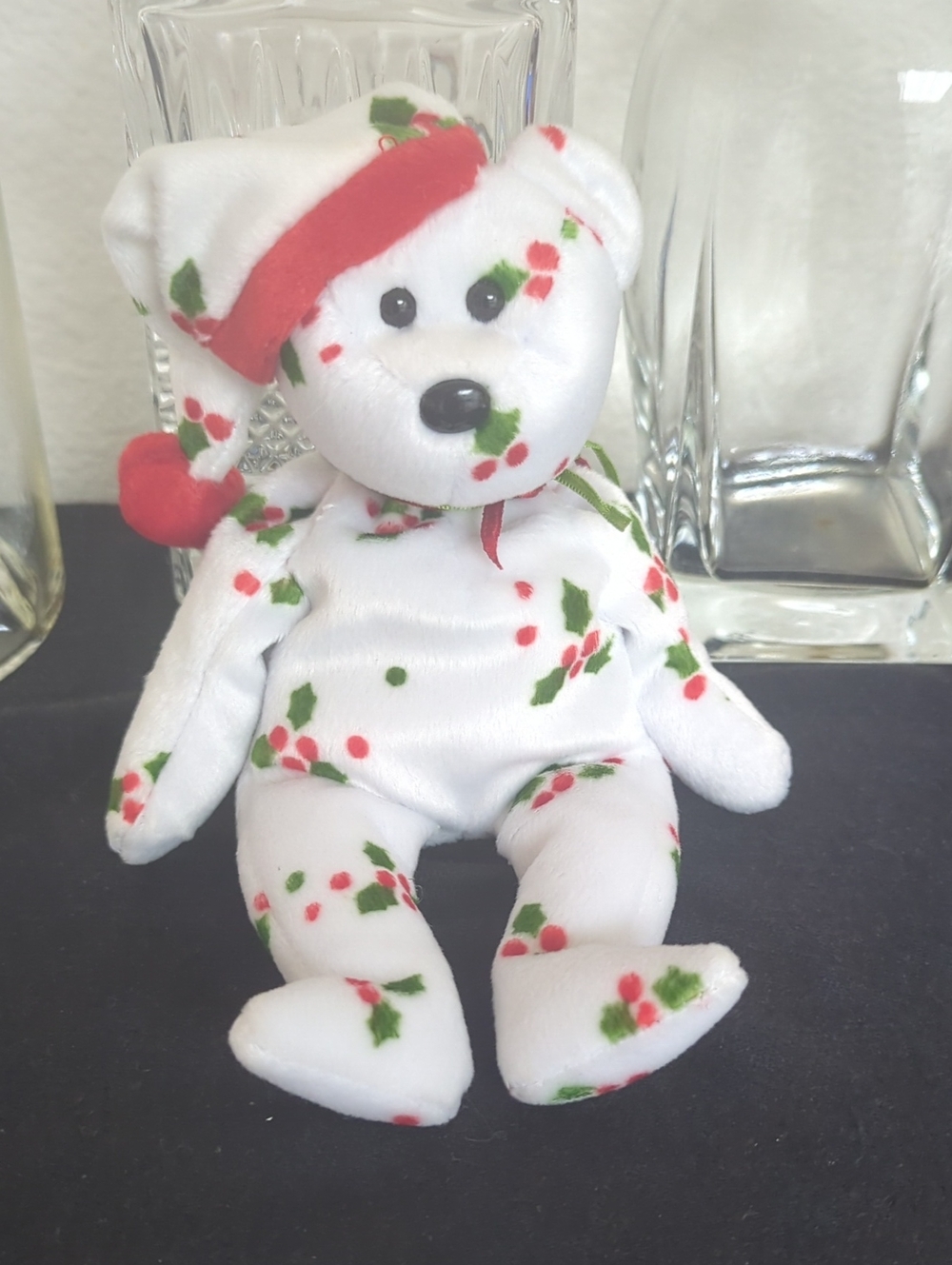 Ty White Holiday Holly Print Bear with Red Hat Accent